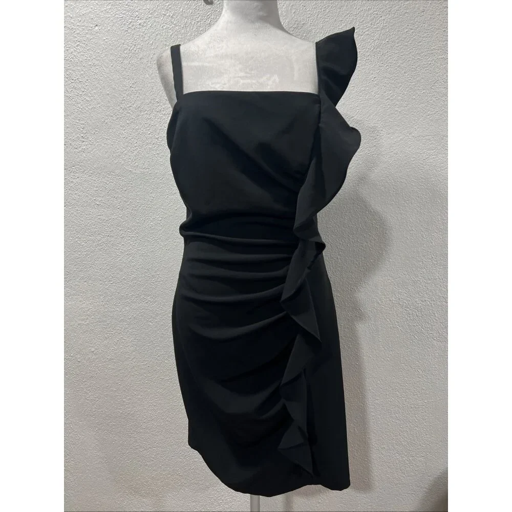 GUESS Ruffled Bodycon Dress Women's Black Solid Straight Neck Whimsigoth GUESS Ruffled Bodycon Dress Women's Black Solid Straight Neck Whimsigoth